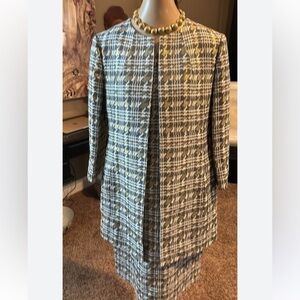 Albert Nipon Metallic Plaid Dress and Duster Jacket Suit-Size 10